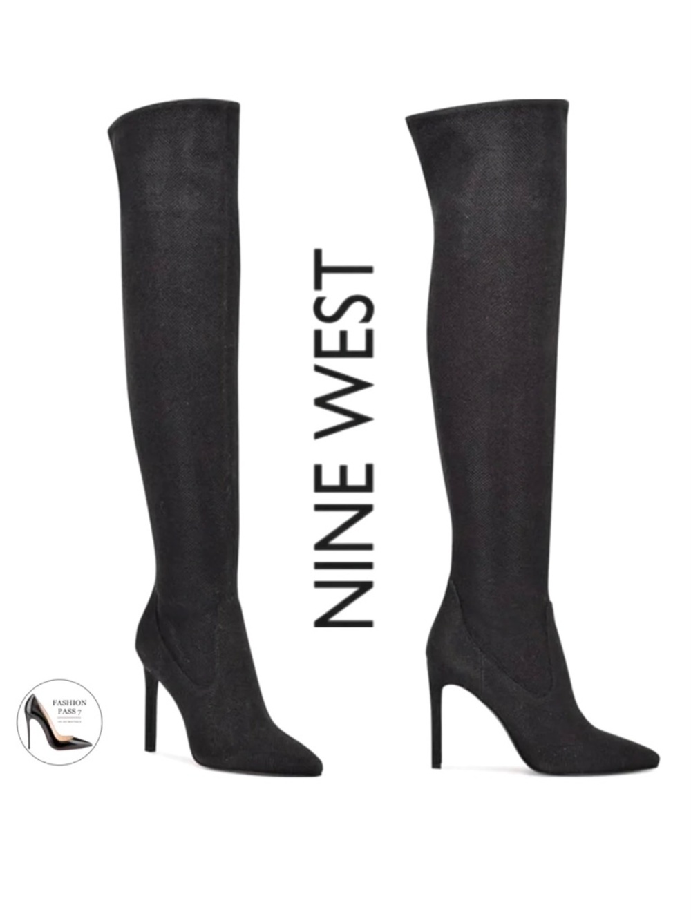 NINE WEST Tacy Black Stretch Pointed Toe Stiletto Zip-Up over the knee Boots 8.5
